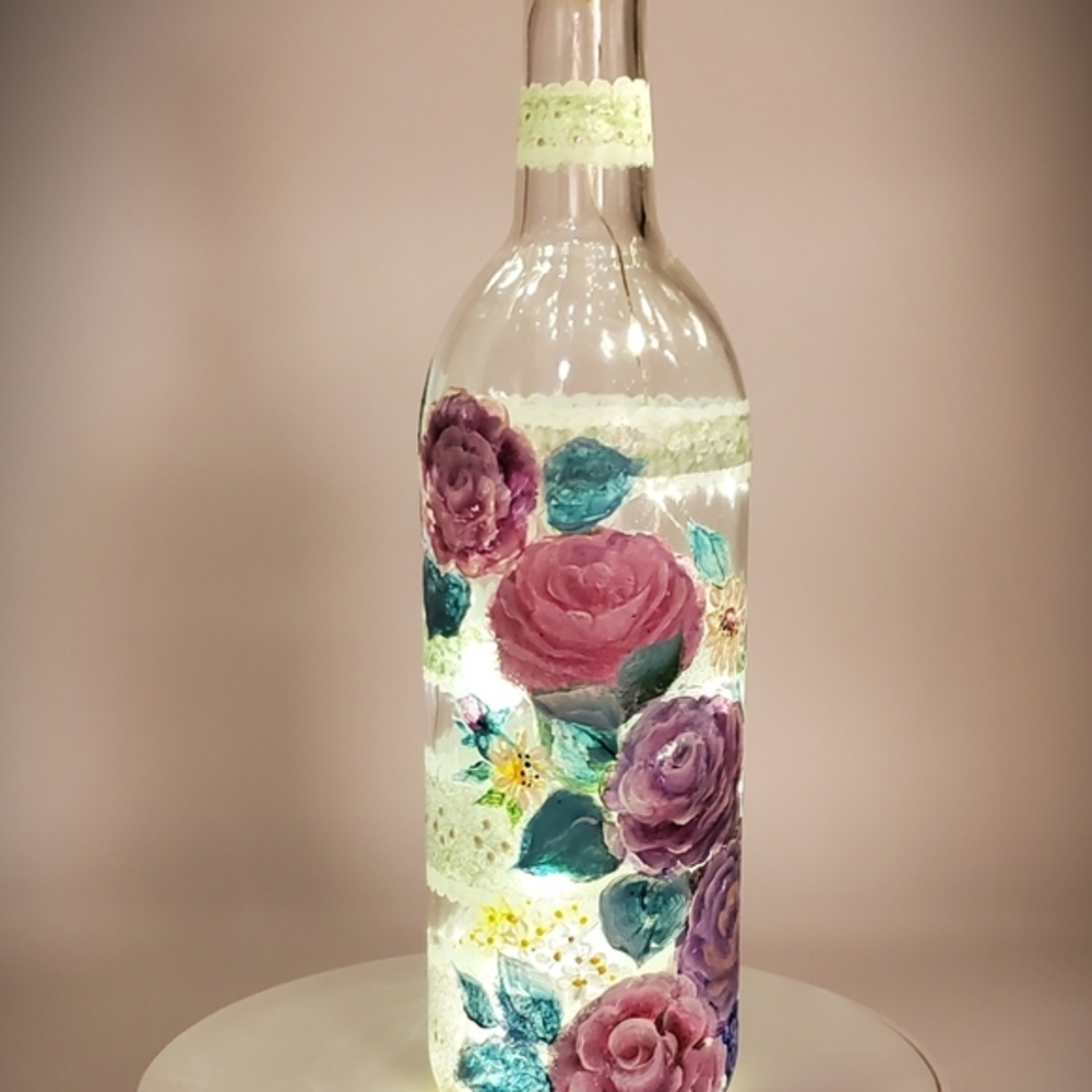 Hand painted Rose Bouquet on 750ml Wine Bottle with Lights